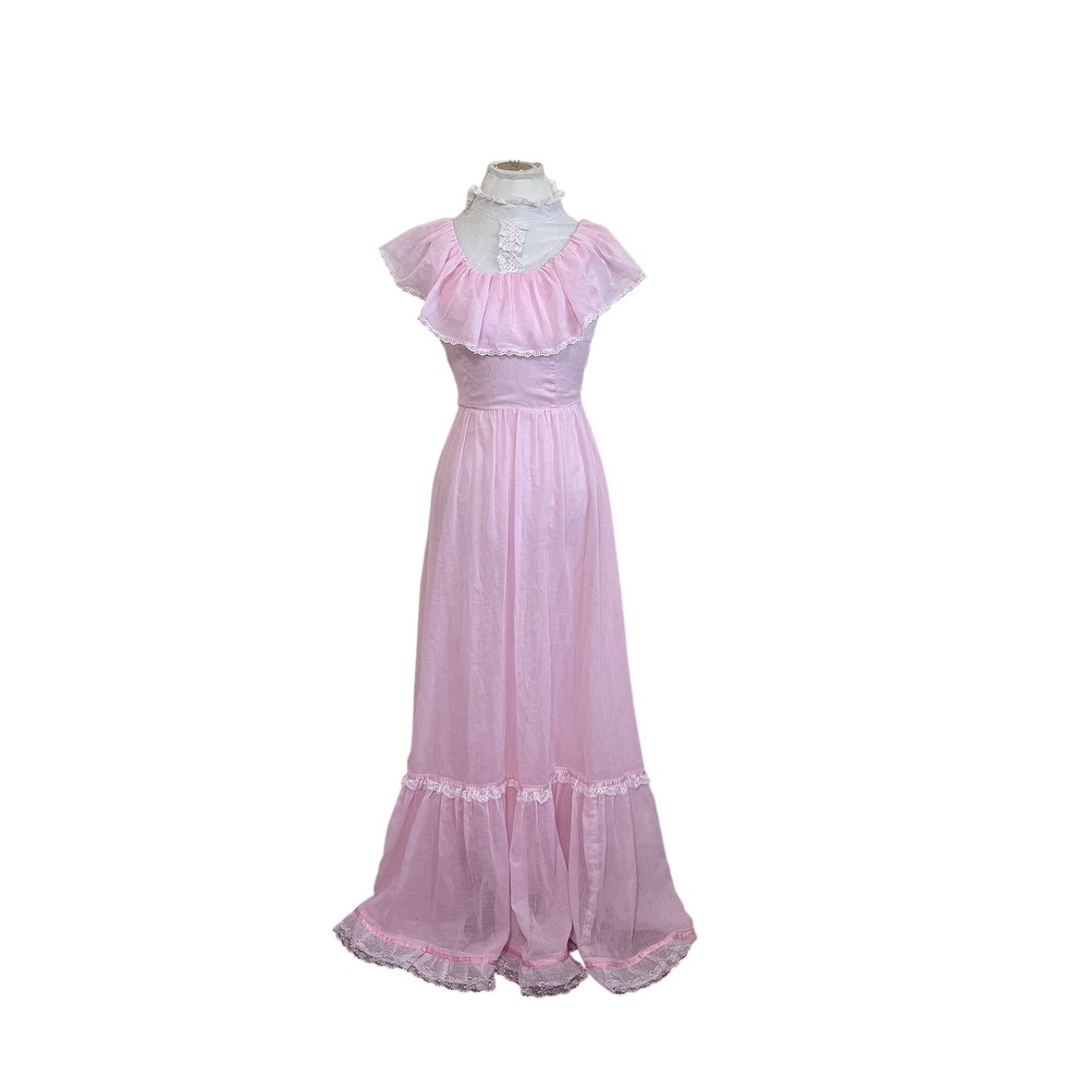 Vintage Candi Jones 70s Prairie Edwardian Dress Small Pink Cottage Lace Coquette